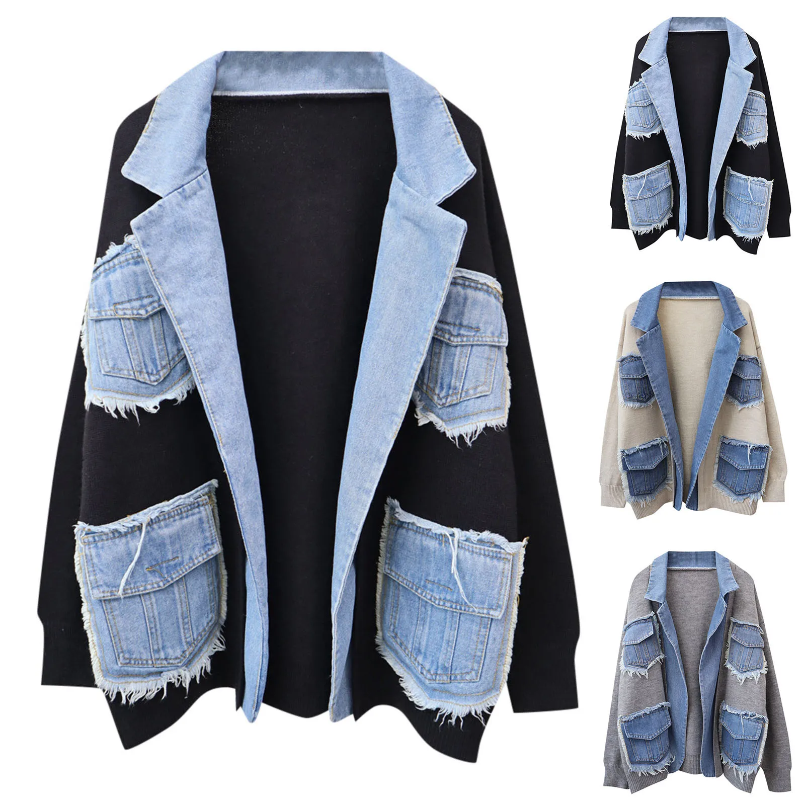 Lapel Solid Pockets Knit Patchwork Denim Jacket Female Casual Long Sleeve Thicken Cardigan Jumpers Coat Autumn Winter Outwear