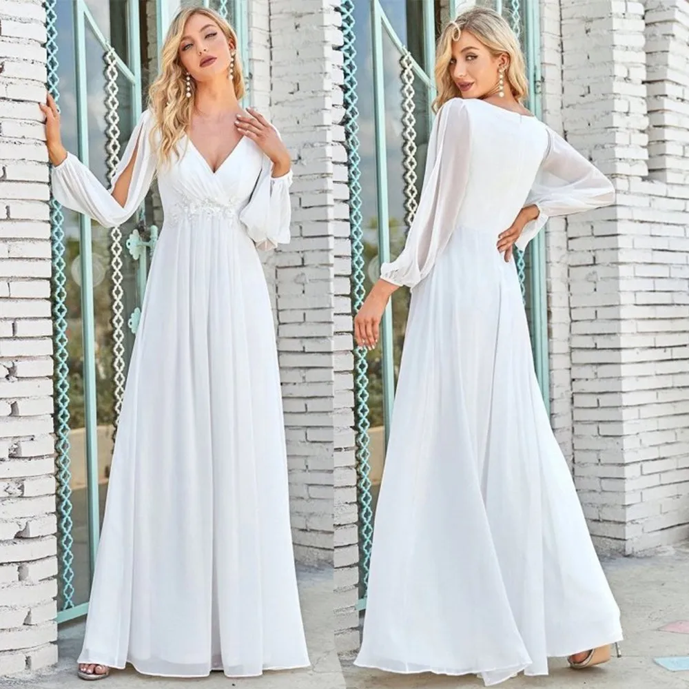 BABYONLINE Boho Wedding Dresses Chic and Simple V Neck Long Sleeves Applique A Line Chiffon Maxi Skirt For 2024 Bride