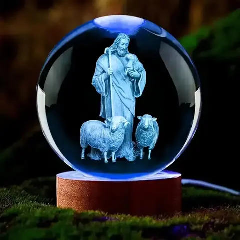1pc 3D 양치기의 크리스탈 공 야간 조명, 레이저 조각 종교 동상 기념품 장식, 동상 조명 홈 인테리어