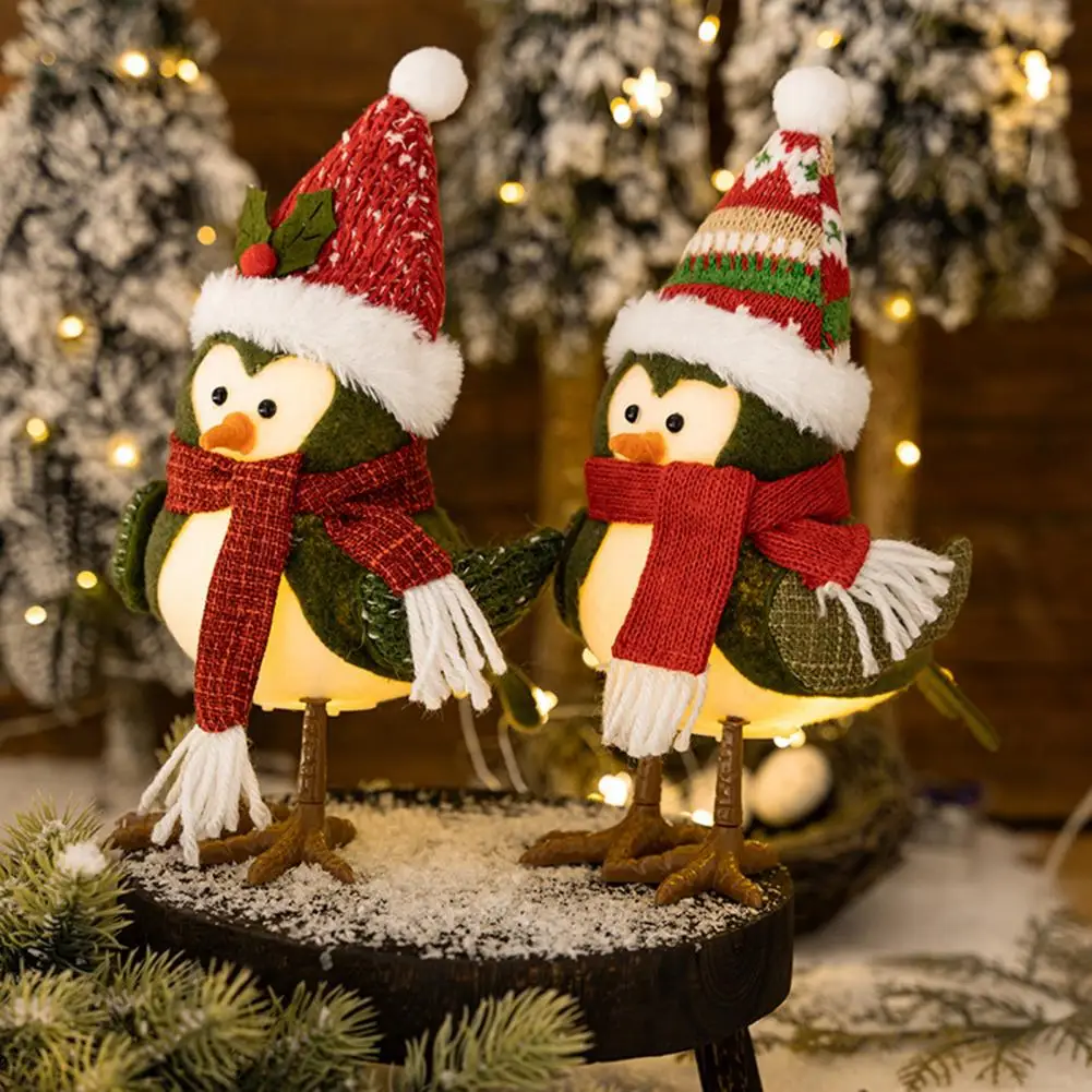 Christmas Ornament Cute Bird Shape Doll Battery Powered LED Light Festive Ornament Lattice Hat Forest For Home Holidays Decor