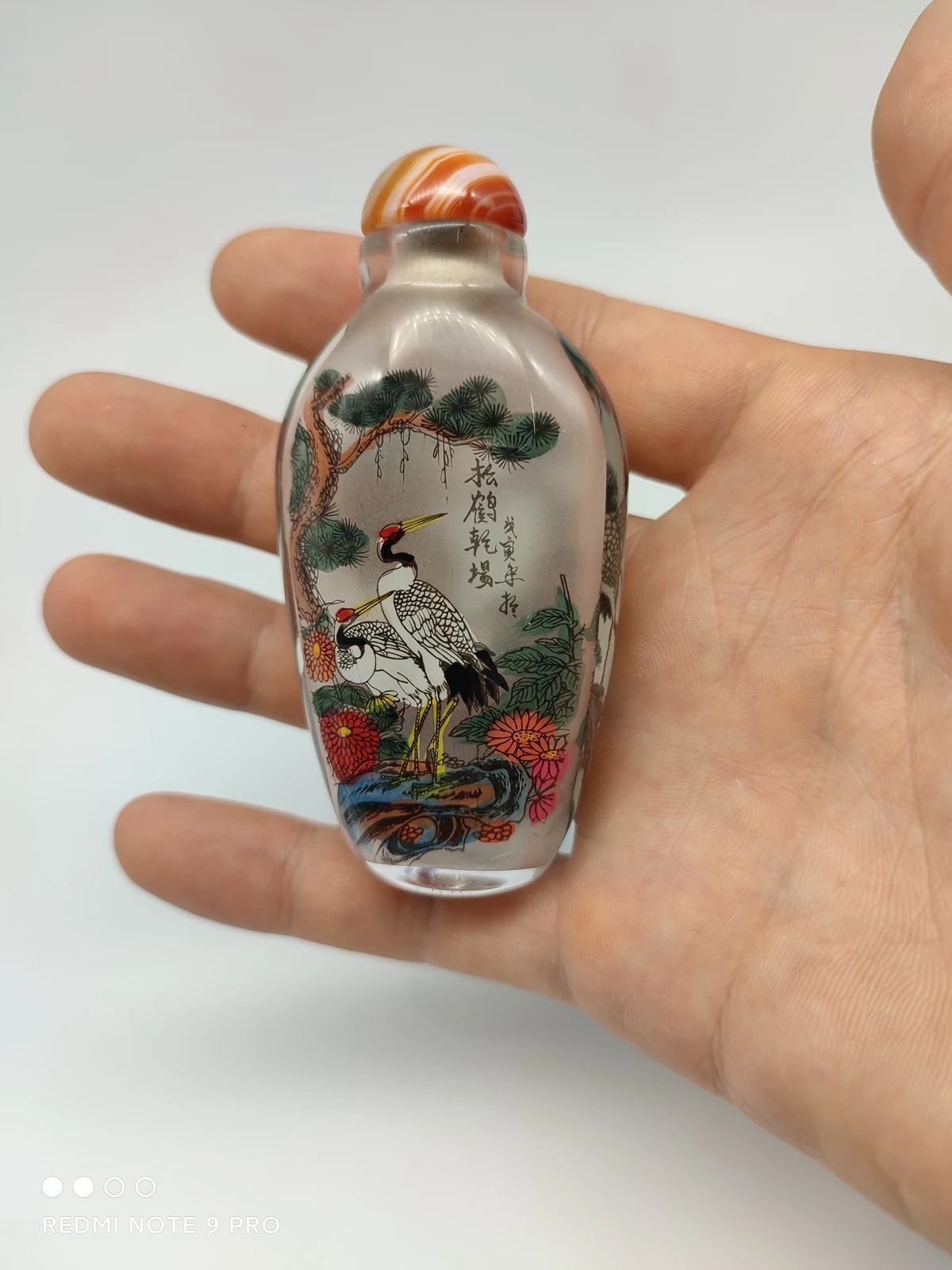 chinese inside painted glass snuff bottle reverse inside painting Pine crane gifts snuffbox peking christmas collect