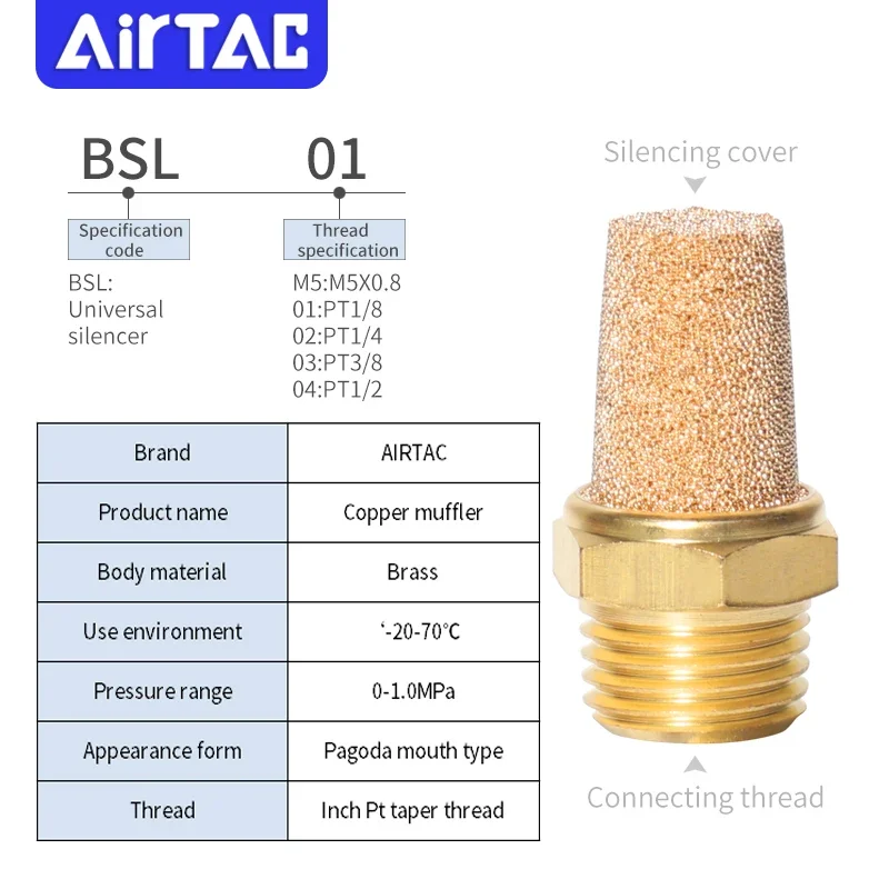 AIRTAC   BSL01/02/03/04  BSLM01/02/03/04/M5 1/8 1/4 3/8 1/2 Muffler Fittings Copper Pagoda BSL Series