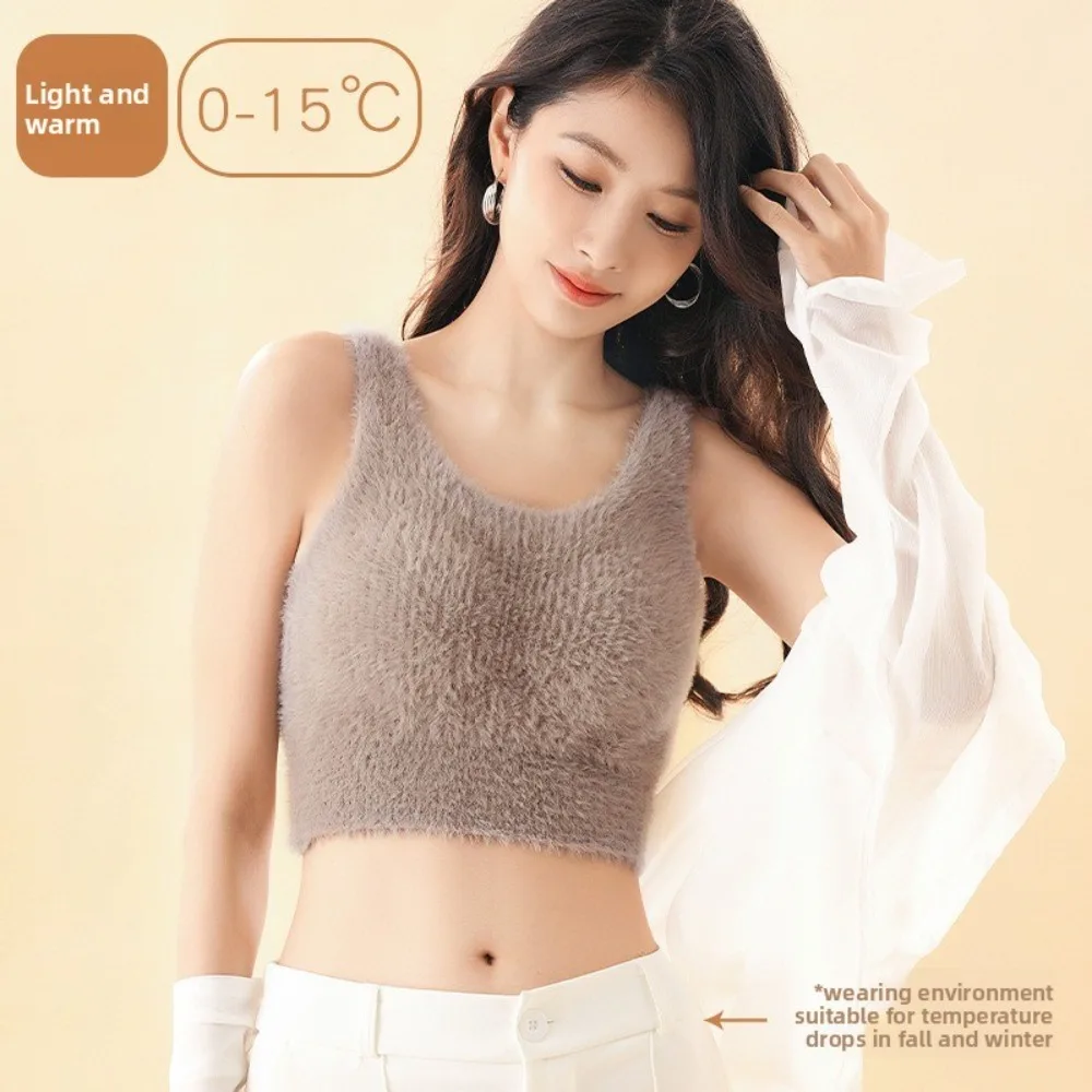 Zimowa Jesienna Damska Pluszowa Bielizna Termiczna Koszulka na Ramiączkach Top Biustonosz z Wkładkami Grube Polarowe Ciepłe Podkoszulki Warstwa Bazowa