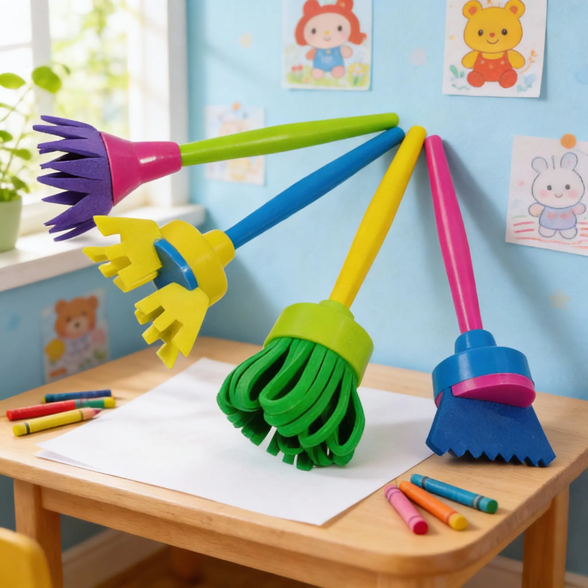 

4Pcs Sponge Brush Set Creative Painting Tools for Graffiti Art DIY Craft Projects Clean Handle Prevents Messy