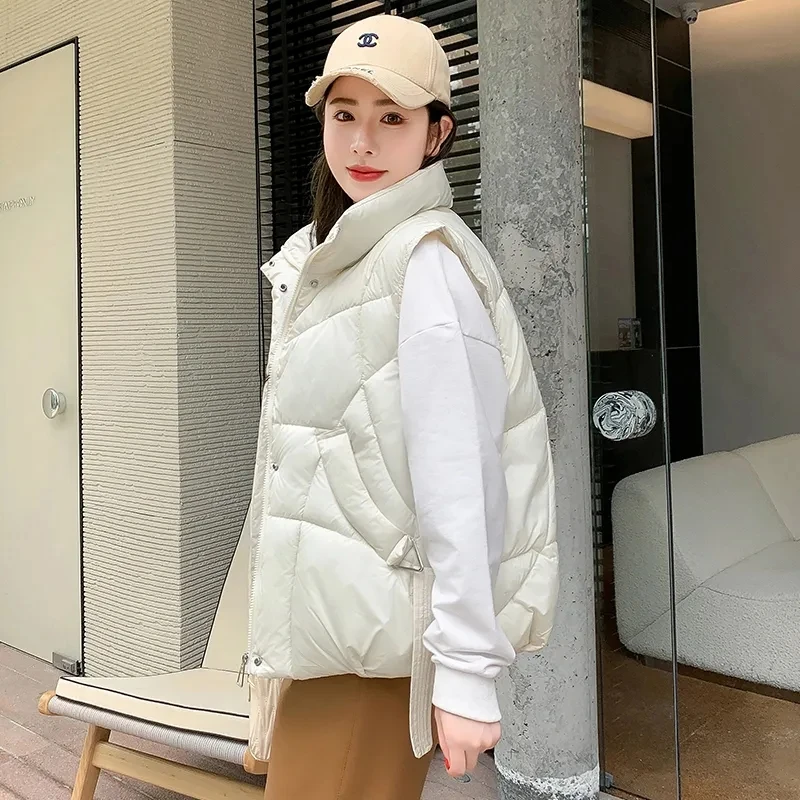 2024 New Winter Spring Puffer Vest Women Loose Oversize Sleeveless Cropped Stand Collar Coat Jacket Zipper Streetwear Waistcoat