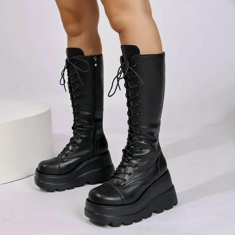 Women's Large Size 35-43 Boots New Round Toe Wedge Lace Thick Sole Zipper Mid-Tube Boots Hot Girl Style High-Enhanced Shoes