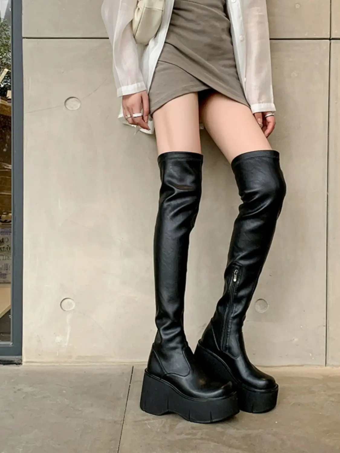 

Women's Korean Style 9cm Wedge Heel Over The Knee Boots Round Toe Stretchy Slimming Spring Autumn Platform Thick Sole Boots