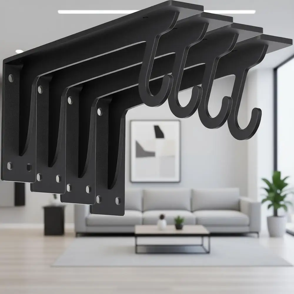 

Heavy-Duty 400 lbs Wall-Mounted 10 Inch Closet Shelf Brackets with Rod Holder - 4 Pack Black for Home and Closet Organization