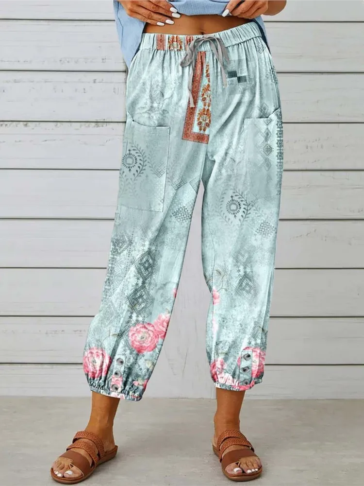 

Pantalones For Ladies Buttons Leace-up 2024 New Floral Printing Pockets Vintage Casual Loose Drawstring Female's Trousers Summer