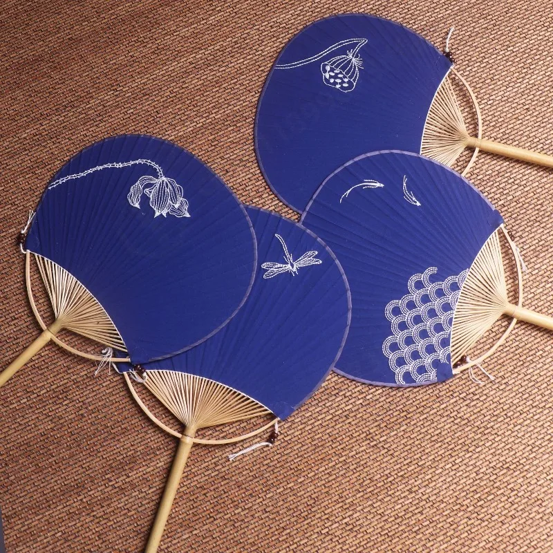 Handmade Embroidered Round Fan Vintage Long Handle Cloth Fan Classical Performance Prop Summer Hand Fan Oriental Style Decor