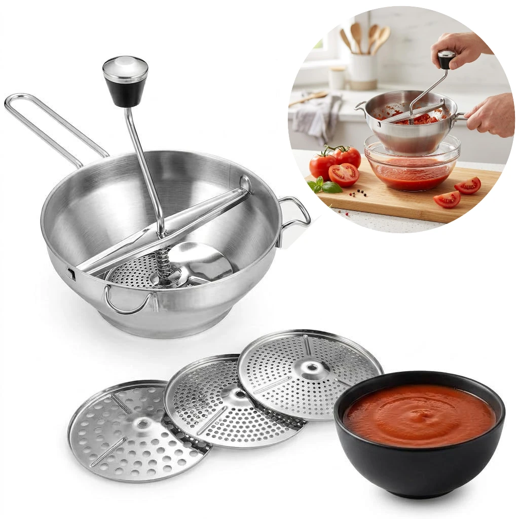 Stainless Steel Food Mill Heavy-Duty Hand Crank Food Mill with 3 Interchangeable Discs Manual Food Strainer Tomato Sauce Mashed