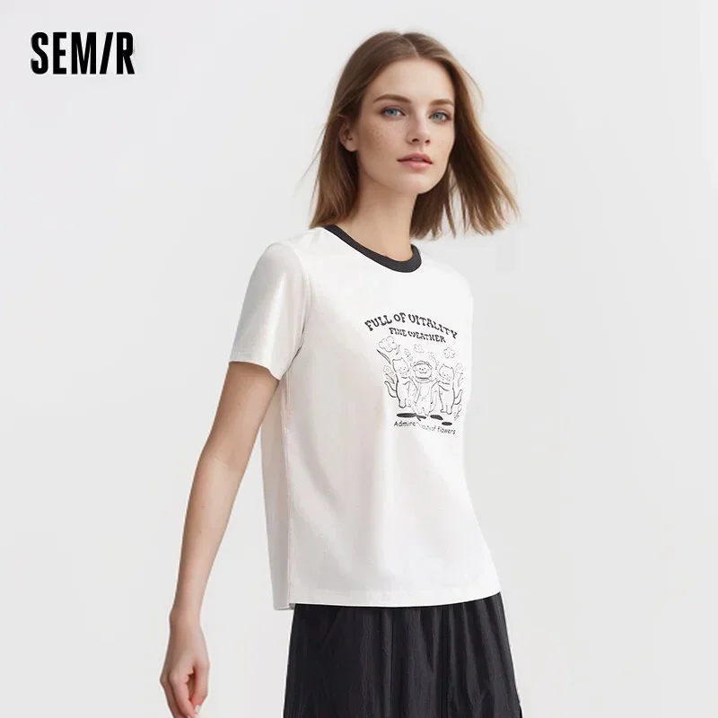 Semir Short Sleeve T-Shirt Women Antibacterial Clash 2024 Summer New Niche Vintage Printed Tops Cute T shirt