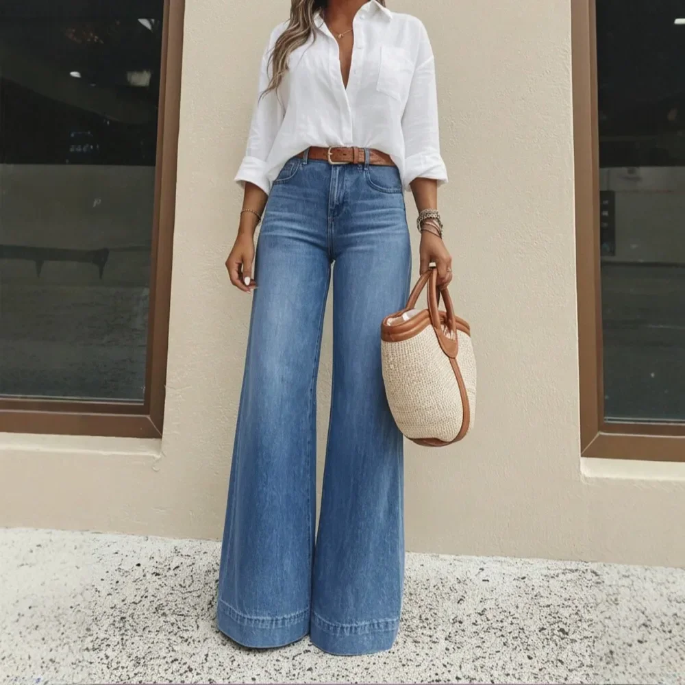Women Vintage Wash Wide Leg Jeans High Waisted Loose Fit Leg Elongating Breathable Soft Flattering Daily Streetwear Comfy