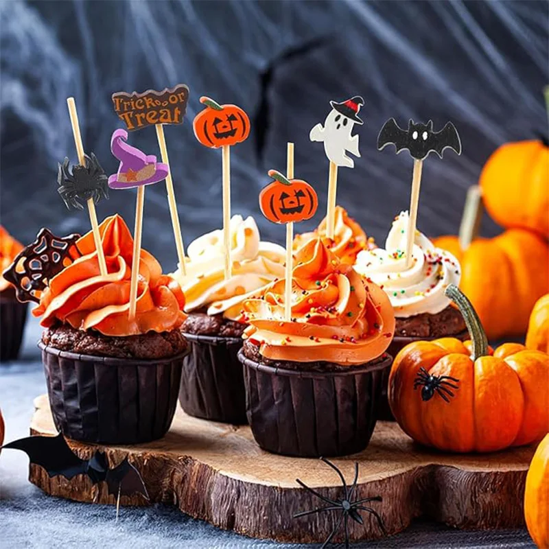 100Pcs Cartoon Pumpkin Ghost Witch Hat Disposable Bamboo Food Picks Dessert Fruit Forks for Halloween Theme Party Decoration - view 6
