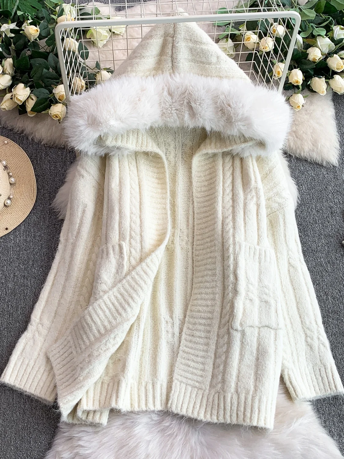 Thiened Zware Werk Bontkraag Open Vest Gebreide Trui Dames Winter Lui Sle Warme Pluizige Lange Sve Jas