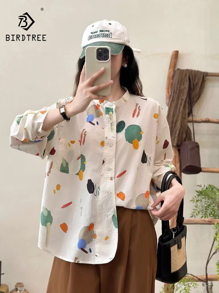 

Новая осенняя хлопковая рубашка с длинным рукавом 2025, женская рубашка с мультяшным принтом на стойке, модная милая свободная блузка Mori Girl OL для поездок на работу T59825CC