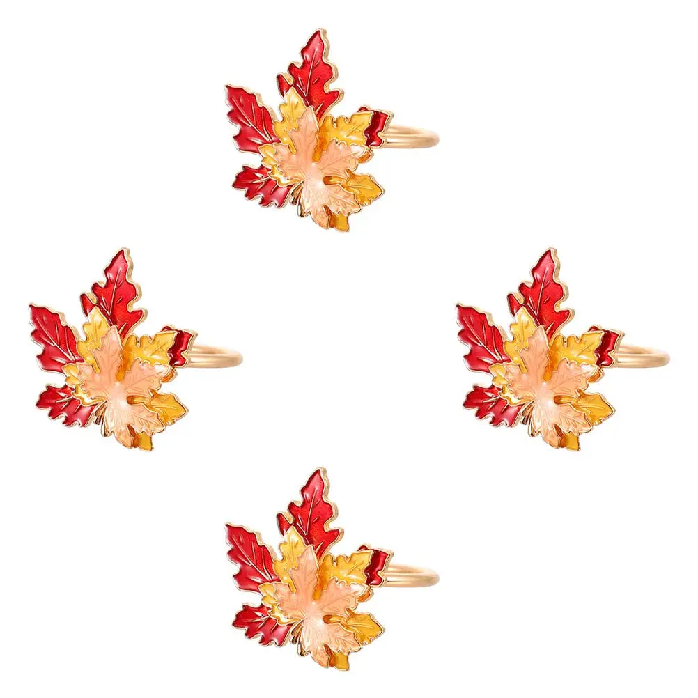Maple Leaf Napkin Rings 4 Pack Bright Alloy Holders for Fall Dining Table Thanksgiving Party Decor