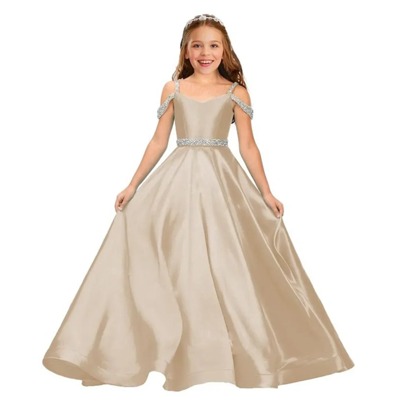 Elegante Satin Kind Hochzeits feier Kleider lange Perlen von der Schulter Geburtstag Blumen mädchen Kleid formelle Abendkleider für Mädchen