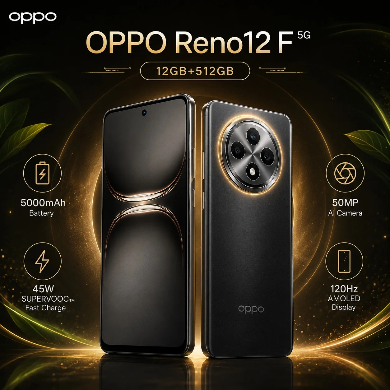 New OPPO Reno12 F 5G 12GB+512GB Phone, Dimensity 6300, 120Hz AMOLED, 50MP Triple Camera, 32MP Selfie, 5000mAh, 45W SUPERVOOC