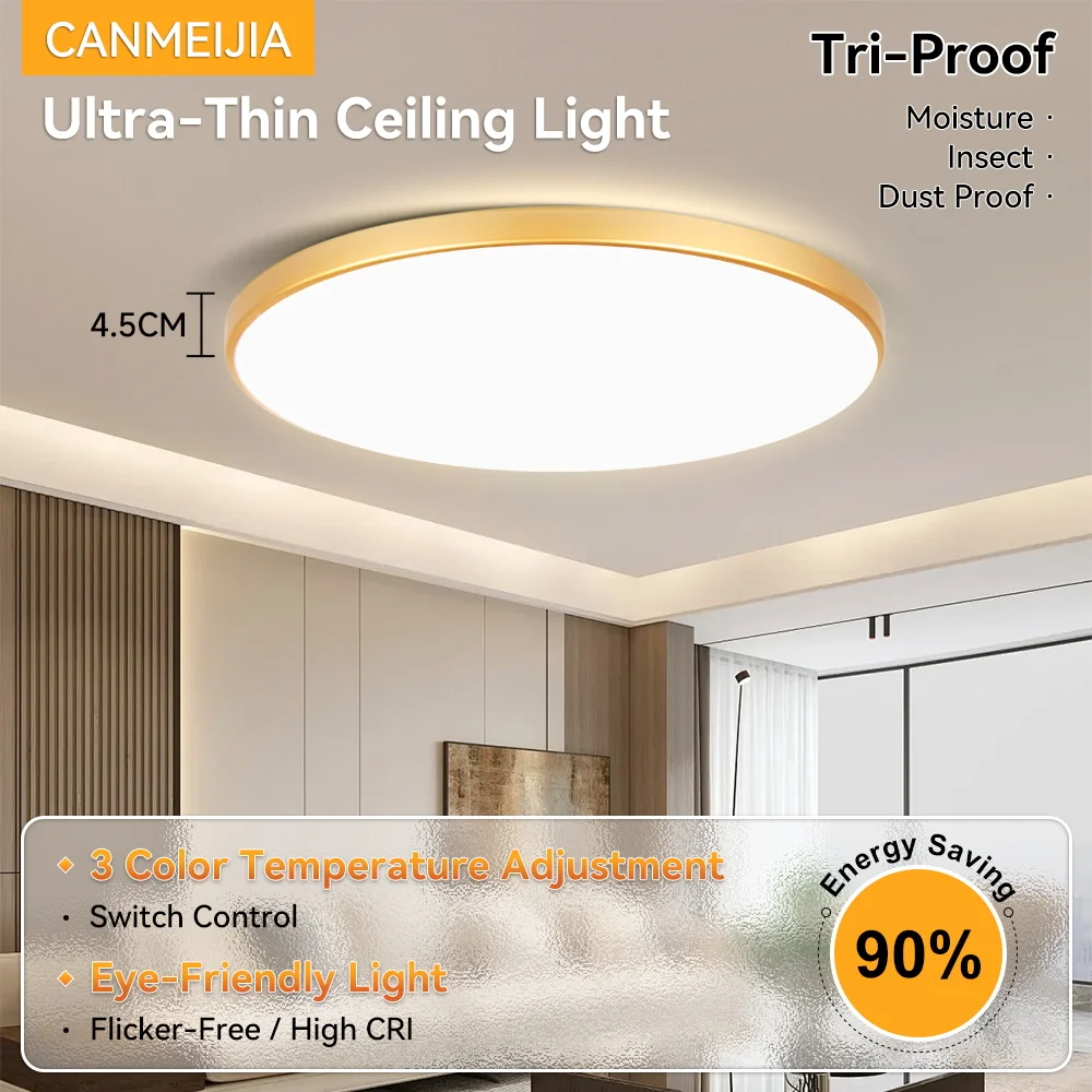 Golden Led Ceiling Lamp 3 Colors Three Proof Ceiling Light for Dining Room Kitchen Bedroom Ceiling Panel Lamp Decor 220V