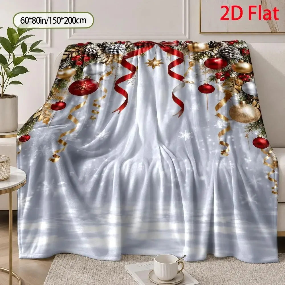 1pc 2D Flat Throw Blanket, Christmas Ornaments & Pinecone Pattern, Farmhouse Style, Red Gold Silver Baubles Decor Blanket