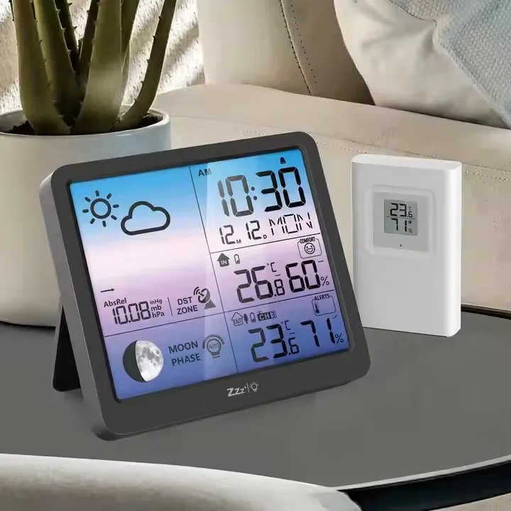 Large gradient color LCD screen Temperature and humidity 12/24 hour format switch Weekly display in 7 languages Weather Clock