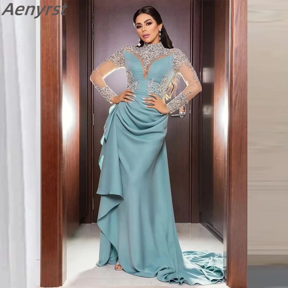 Aenyrst Arabic Aso Mermaid Sparkling Princess Party Gowns Arabic Long sleeve Evening Dresses Beaded Lace High Neck Prom Dresses