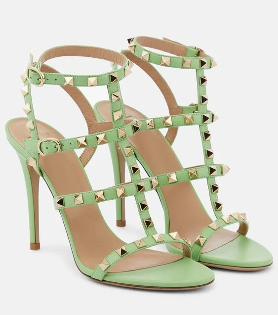 Rockstud Colorful Leather Sandals Women Caged Ankle Strap High Heels Summer New in Stilettos Luxury Designer Party Comfy Shoes