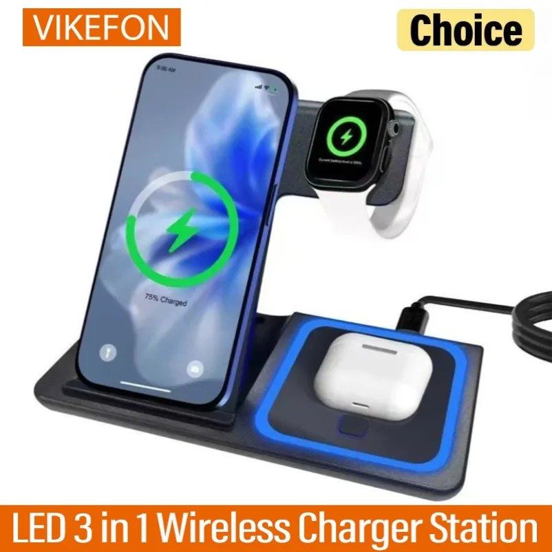

Беспроводная зарядная станция 3-в-1 с LED-подсветкой для iPhone 17, 16, 15, 14, 13, 12 Pro Max, Samsung, Apple Watch 11-2, AirPods 3/2 – Быстрая зарядка