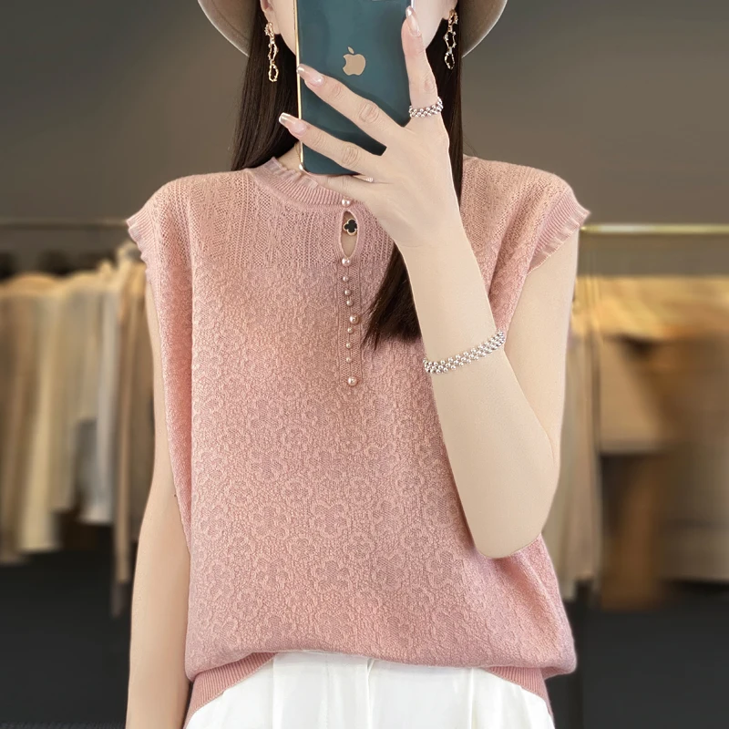 2024 New Ladies\' Worsted Wool Lace Flower Vest T-Shirt Summer Autumn Crew Neck Jacquard Jumper Short Sleeve Loose Fashion Knit