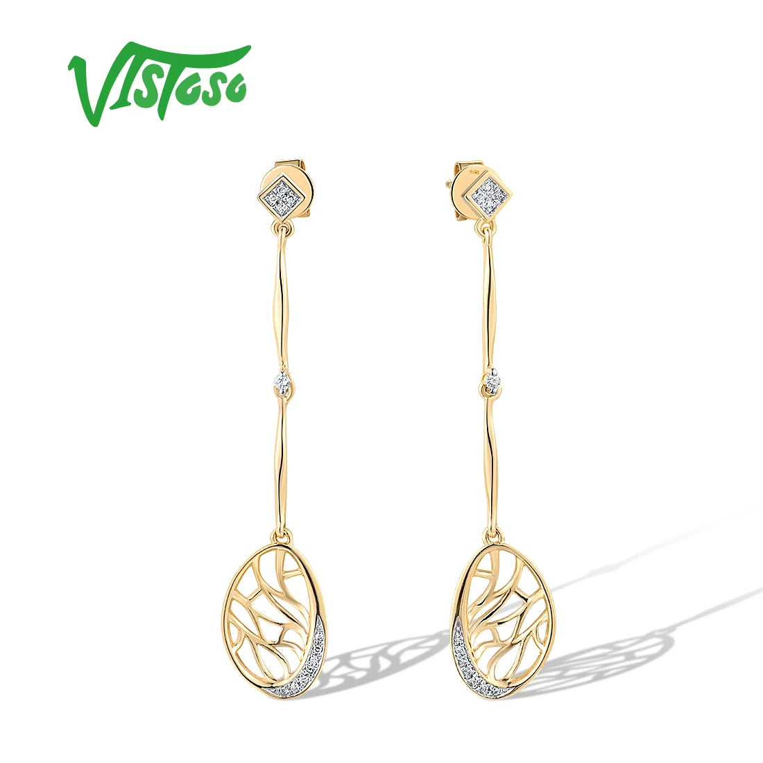 

VISTOSO Real 14K 585 Yellow Gold Earrings For Women Sparkling Diamonds Dangling Unique Wedding Engagement Gifts Fine Jewelry