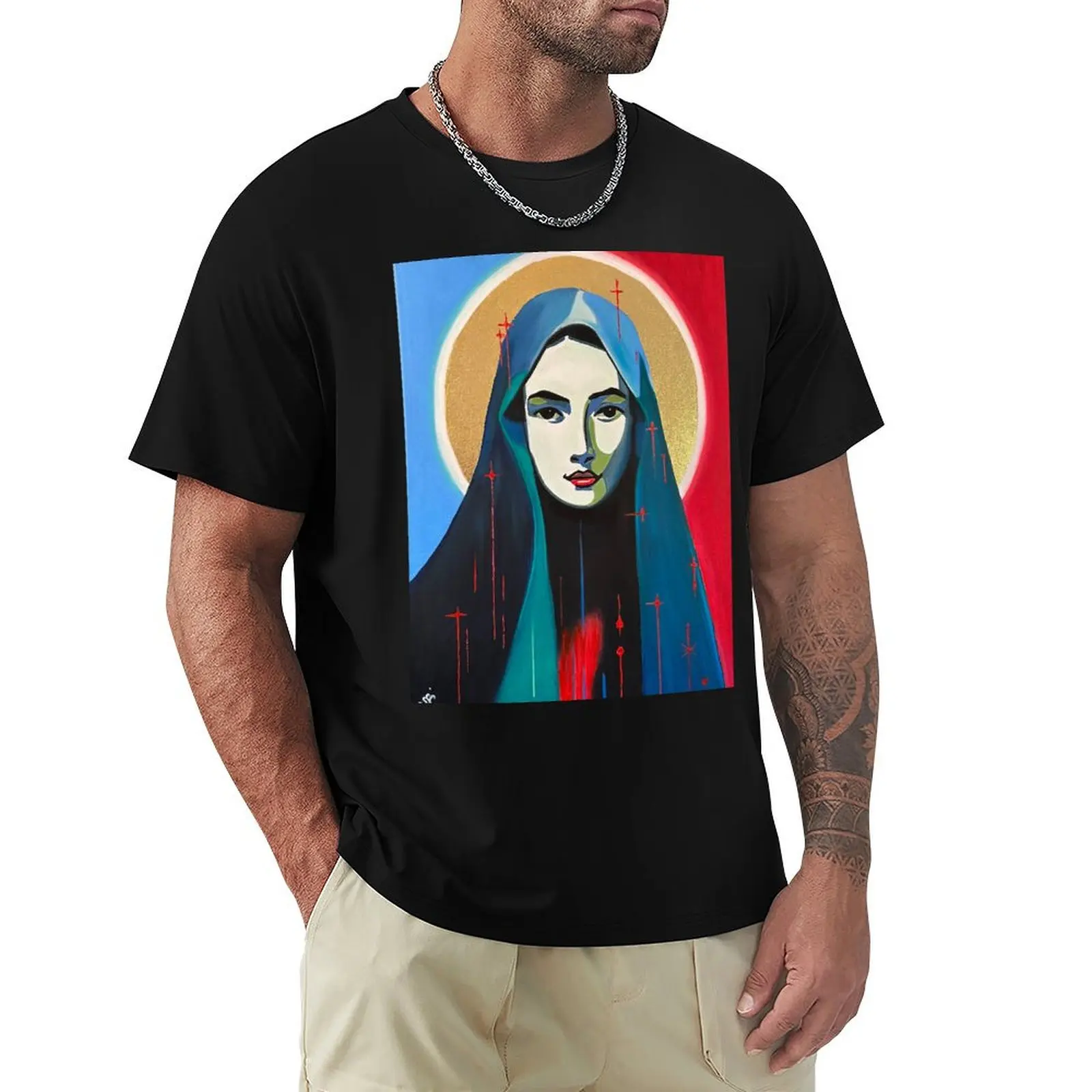 María Magdalena. Artista: ROSSI, acrílico, óleo pastel, lámina dorada, Virgen María, camiseta con estampado clásico de la Virgen María, camisa de manga corta