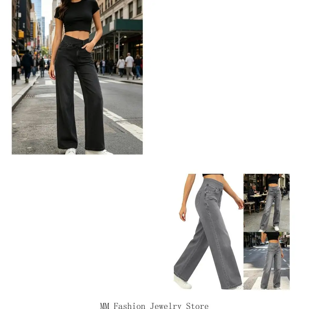 Women Pull On Straight Leg Denims Pants Elastic High Waist Wide Leg Jeans with Pockets for Daily Styling, Work Travel, and