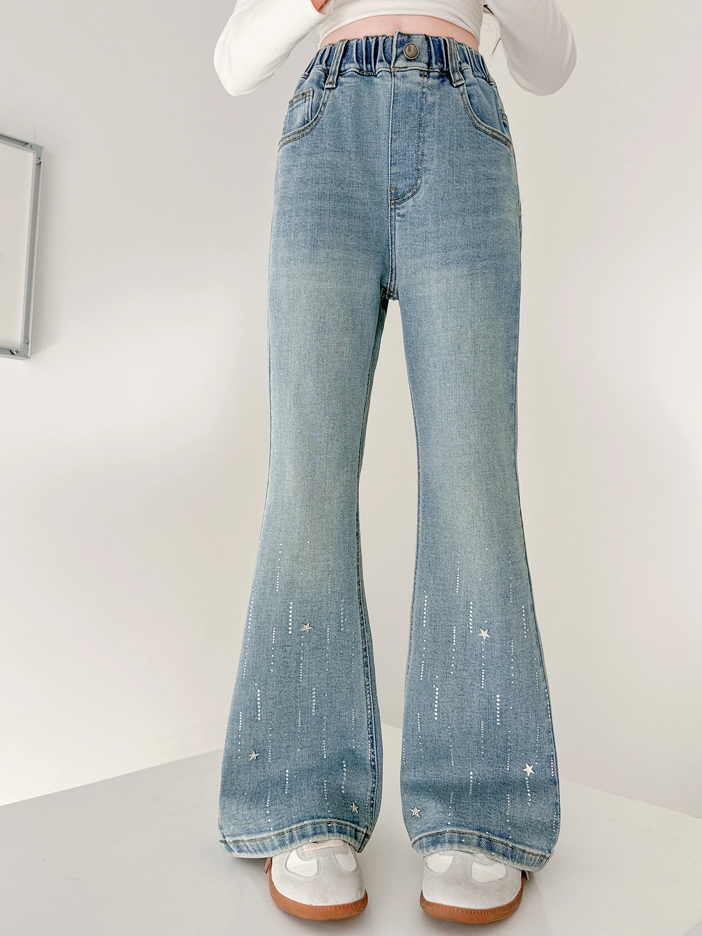 

Spring Autumn Denim Jeans Bell Bot for Girls Middle School Students Faionable Slimming Pants l Waist Embroidery