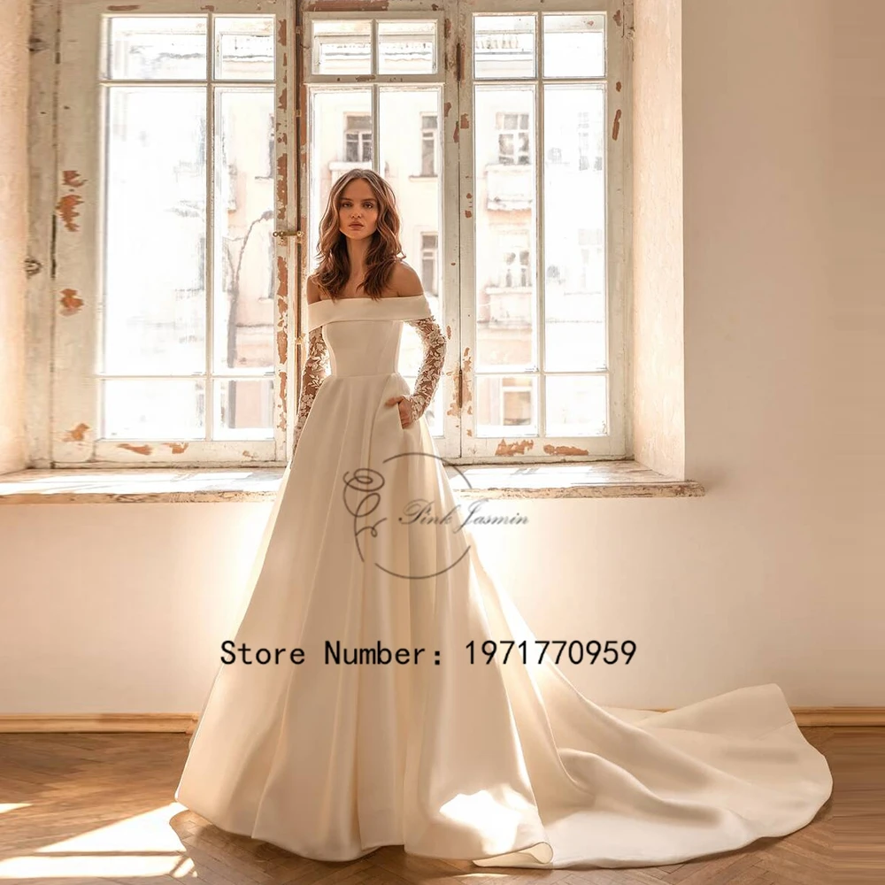 

Boat Neck Full Sleeves Satin Wedding Dresses For Women Zipper Back Applique Beading Elegant Court Train A-line Bridal Dress 2024