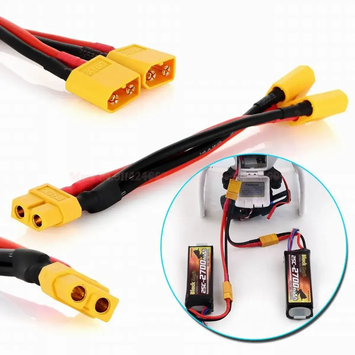 1pc XT60 Parallel Battery Connector Male/Female Cable Dual Extension Y Splitter 14AWG Wire for RC Car Boat Drone UAV