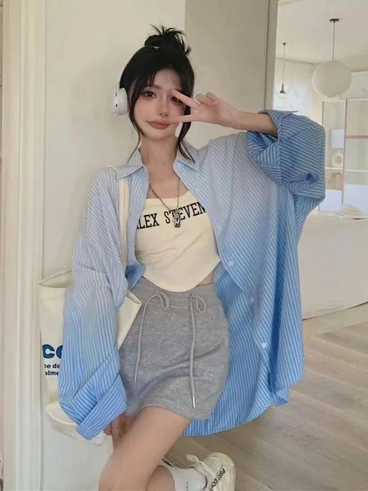 Gradientowa koszula w paski damska Oversize z długim rękawem słodka bluzka koreańska luźna na co dzień kobiece eleganckie topy w stylu vintage