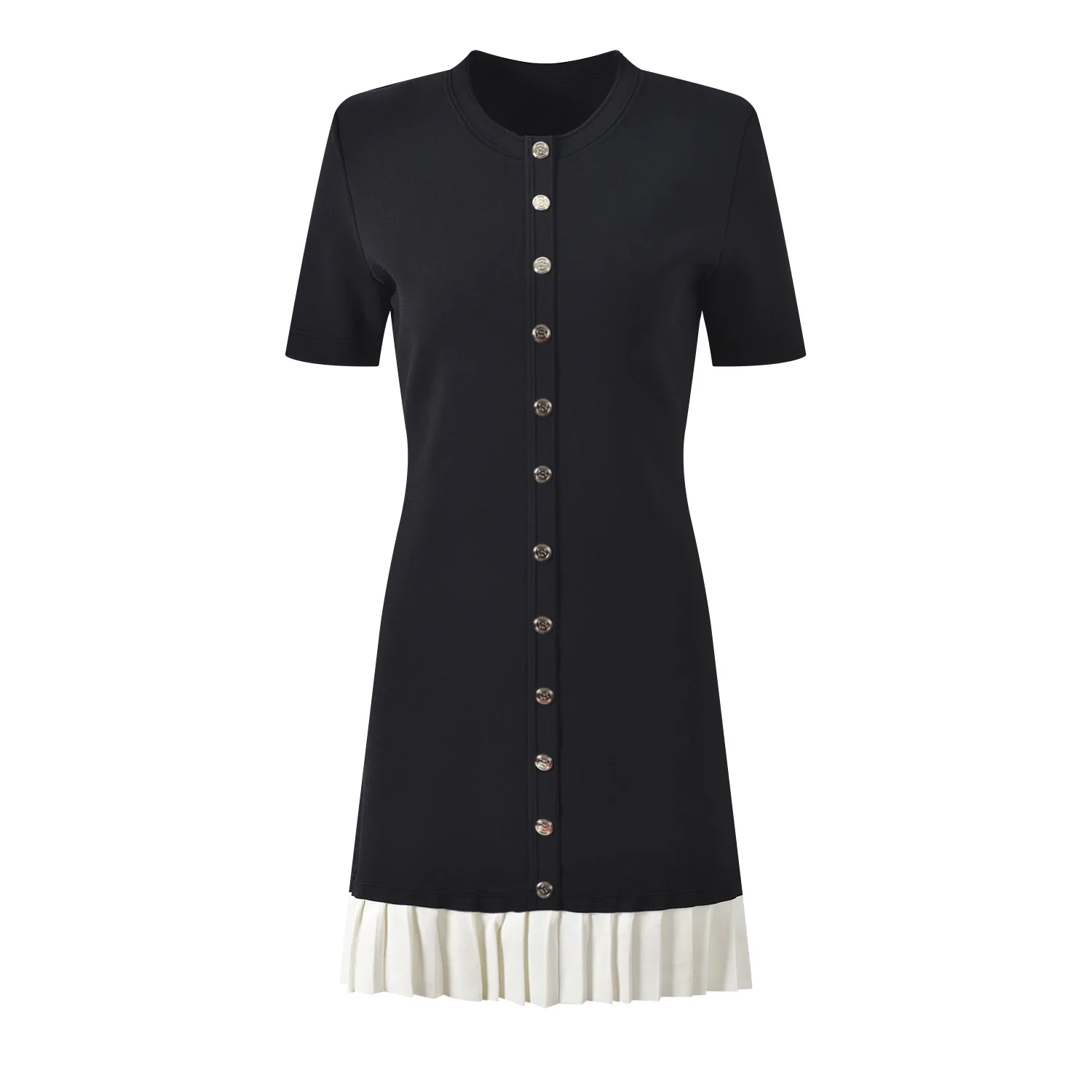 

Faionable Age-Defng Color Blo Splice Pleated Hem Slimming round Ne Single Button ort Sve Dr Ele Ladylike