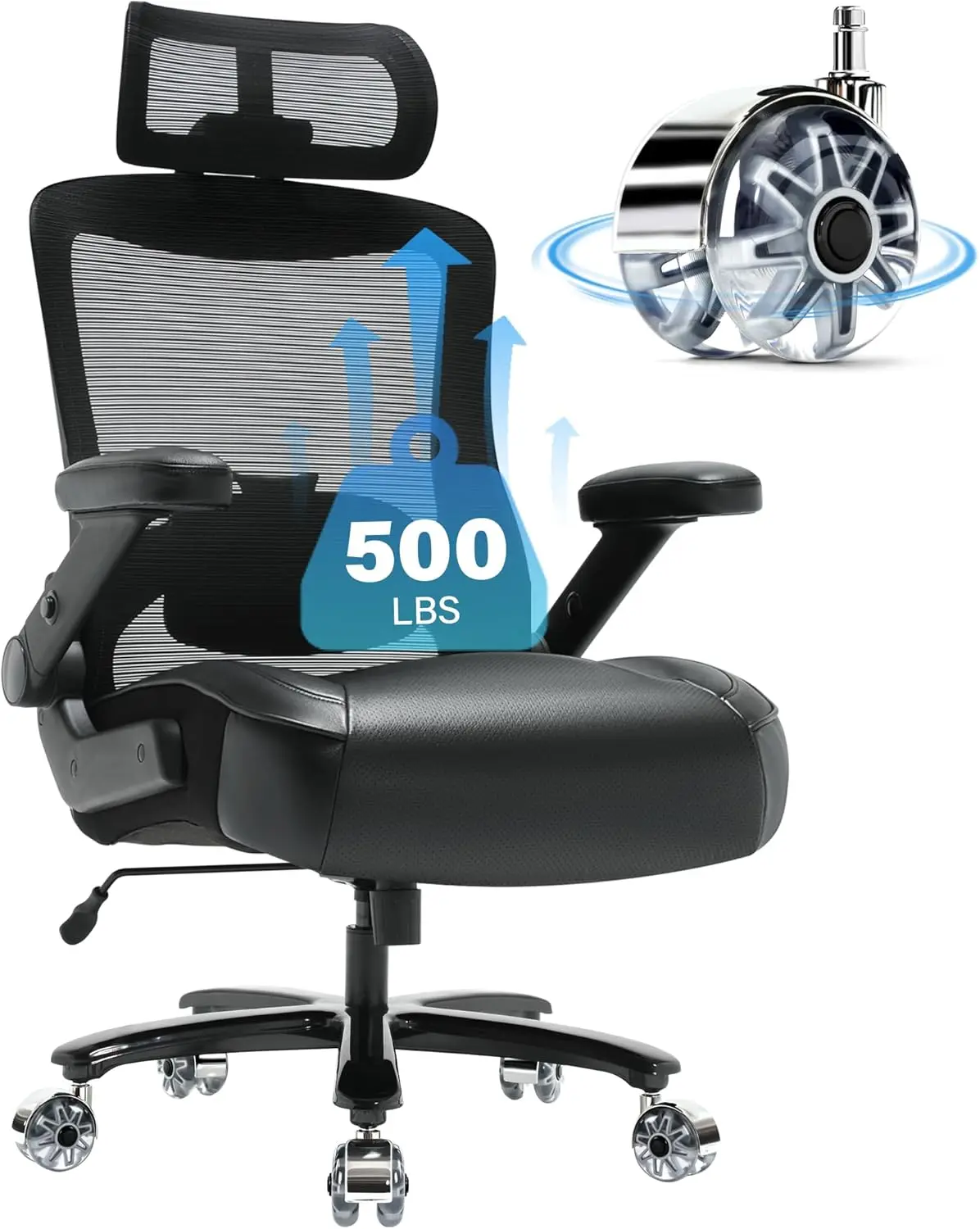 

Big and Tall Office Chair 500lbs- Ergonomic Mesh Desk Chair with Adjustable Lumbar Support Headrest 3D Flip Up Arms Metal Base