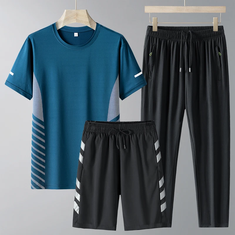 Men's Solid Color Pullover Short Sleeve Round Neck T-shirt with Elastic High Waist Pockets Long Pants Shorts Summer Casual Sets