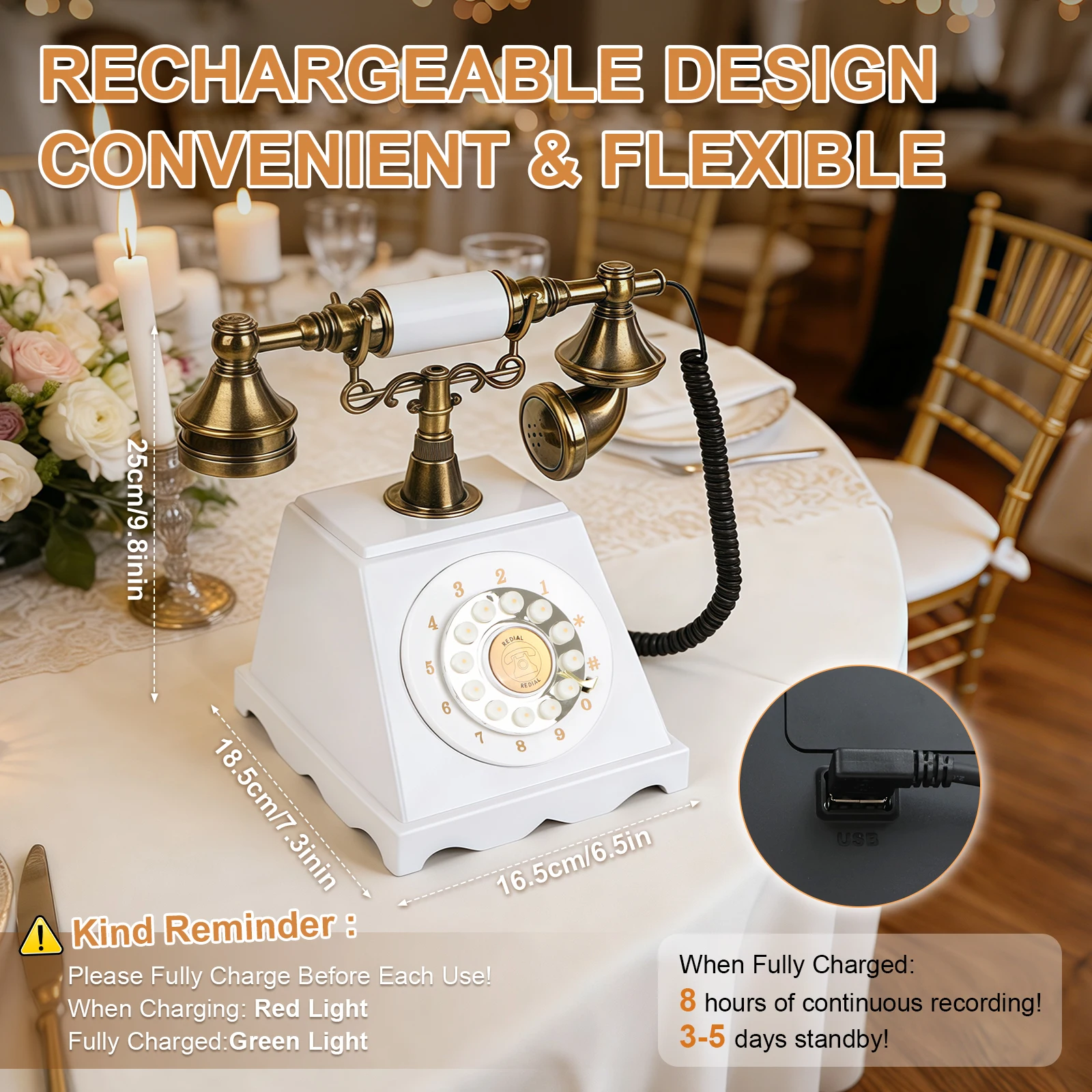 32GB Vintage Audio Guestbook Telephone Recordable Voice Message Book with Guest Voice Messages Data Export for Wedding Party