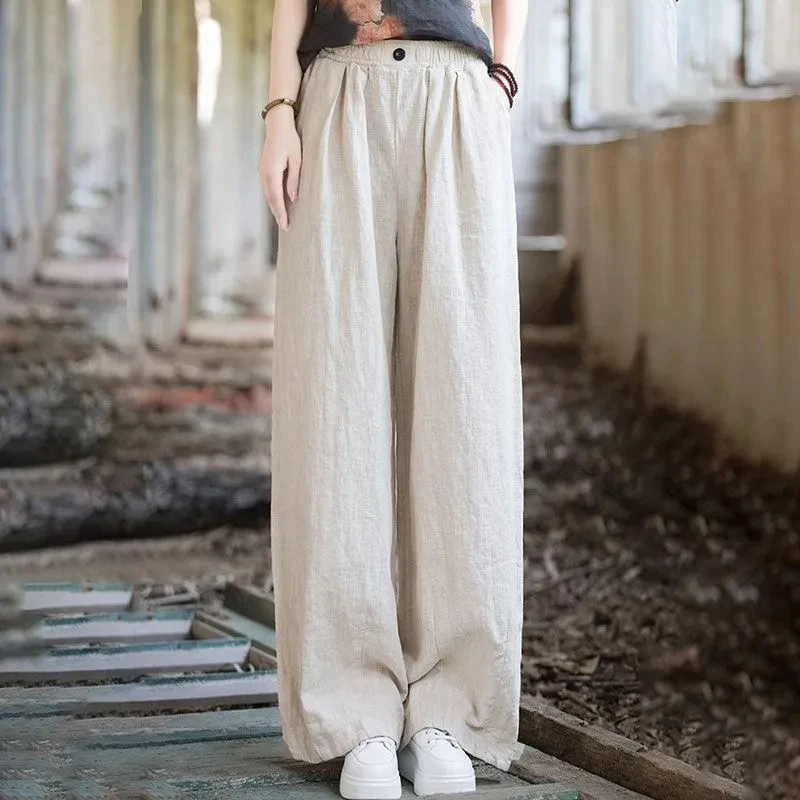 Retro Loose women Wide leg pant new summer Elastic high waist Solid ladies Straight Pants korean Casual all match long Pants