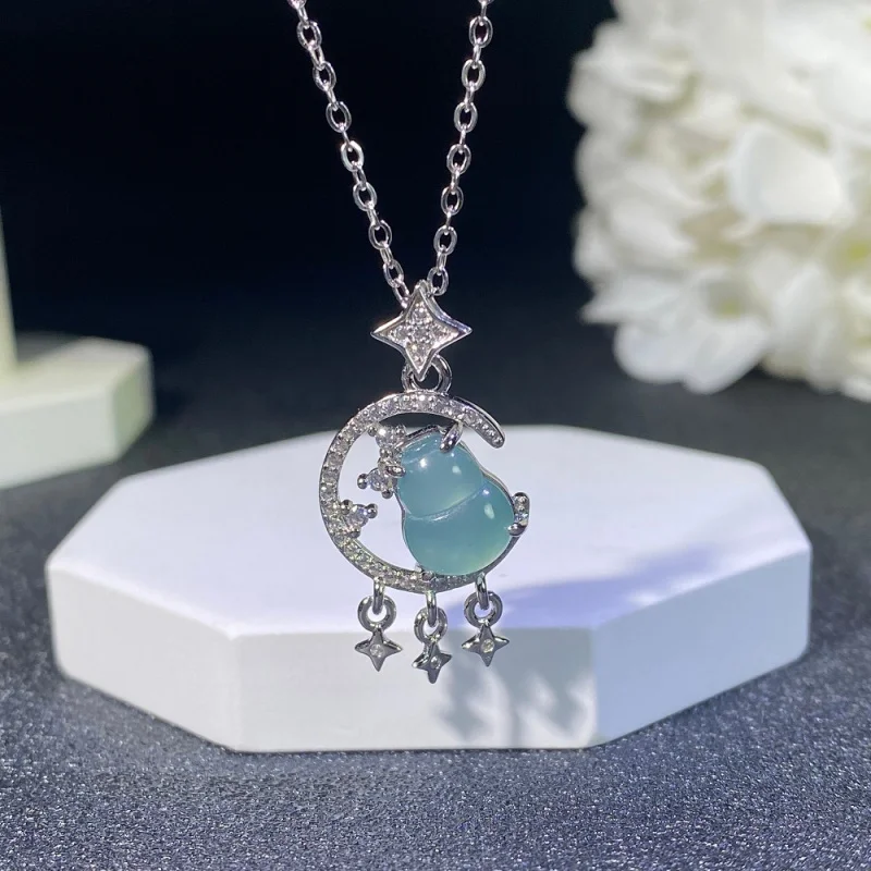 Natural dangerous material Blue Jade Moon gourd necklace s925 sterling silver fashion all-match pendant