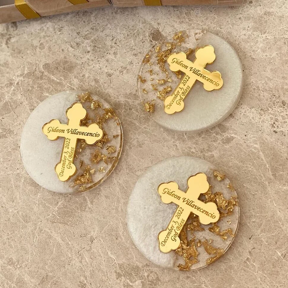 

30Pcs Personalized Baptism Gold/Silver Acrylic Cross Tag, First Communion Favors,Mi Bautizo,Chocolate Bar Decorative Custom Name