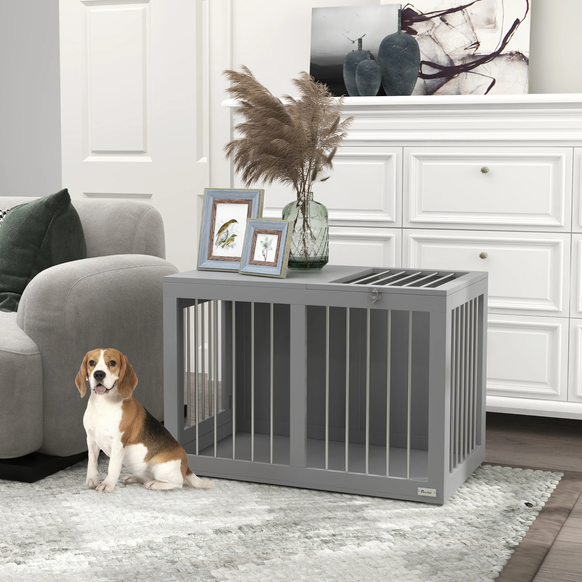 Grande cage pour chien, 2 portes verrouillables, fil d'acier robuste et MDF, sol surélevé, 80x50x56,5 cm, gris pour chiens de taille moyenne