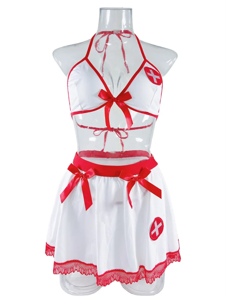 New Arrival Wholesale Deep V Sling Bow Nurse Uniform Set Role Play Uniform Seductive Female Sexy Lingerie