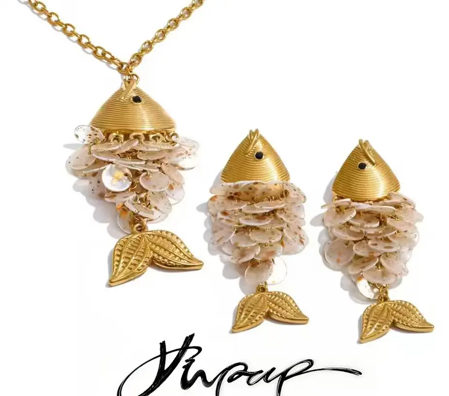 Yhpup Ocean Style Colorful Shell Fish Drop Necklace Earrings Set Stainless Steel Exclusive Handmade Gold Color Jewelry