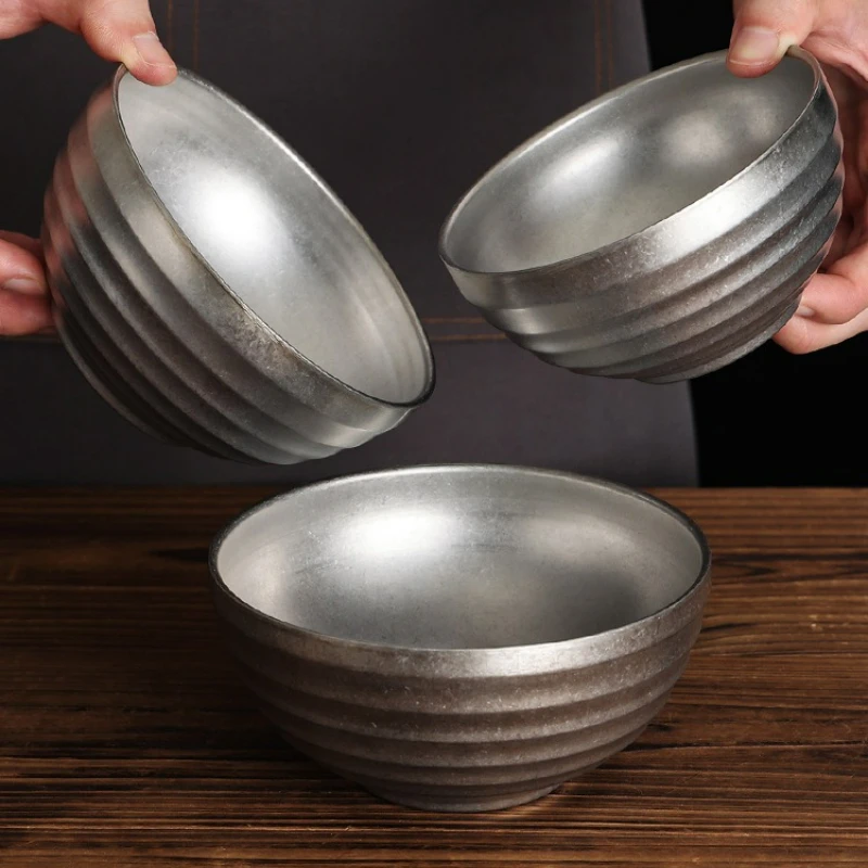 

Retro Stainless Steel Threaded Rice Bowl Ramen Kimchi Seasoning Sugar Ramen Bowls Home Restaurant Tableware Kitchen Accessories