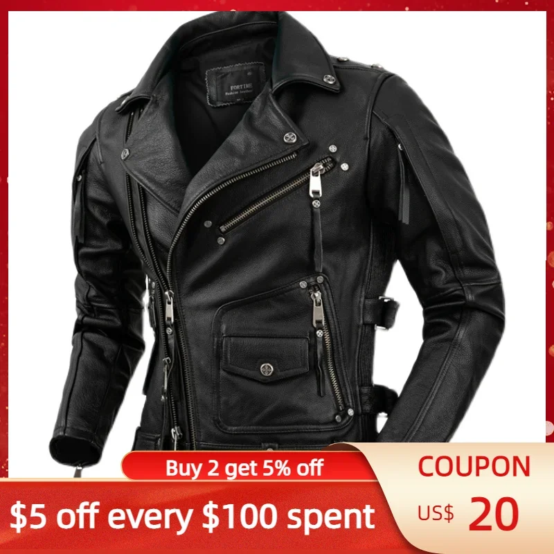 2024 Black Genuine Leather Jacket Men Motorccyle Style Plus Size 5XL Real Natural Cowhide Autumn Slim Fit Biker's Coat