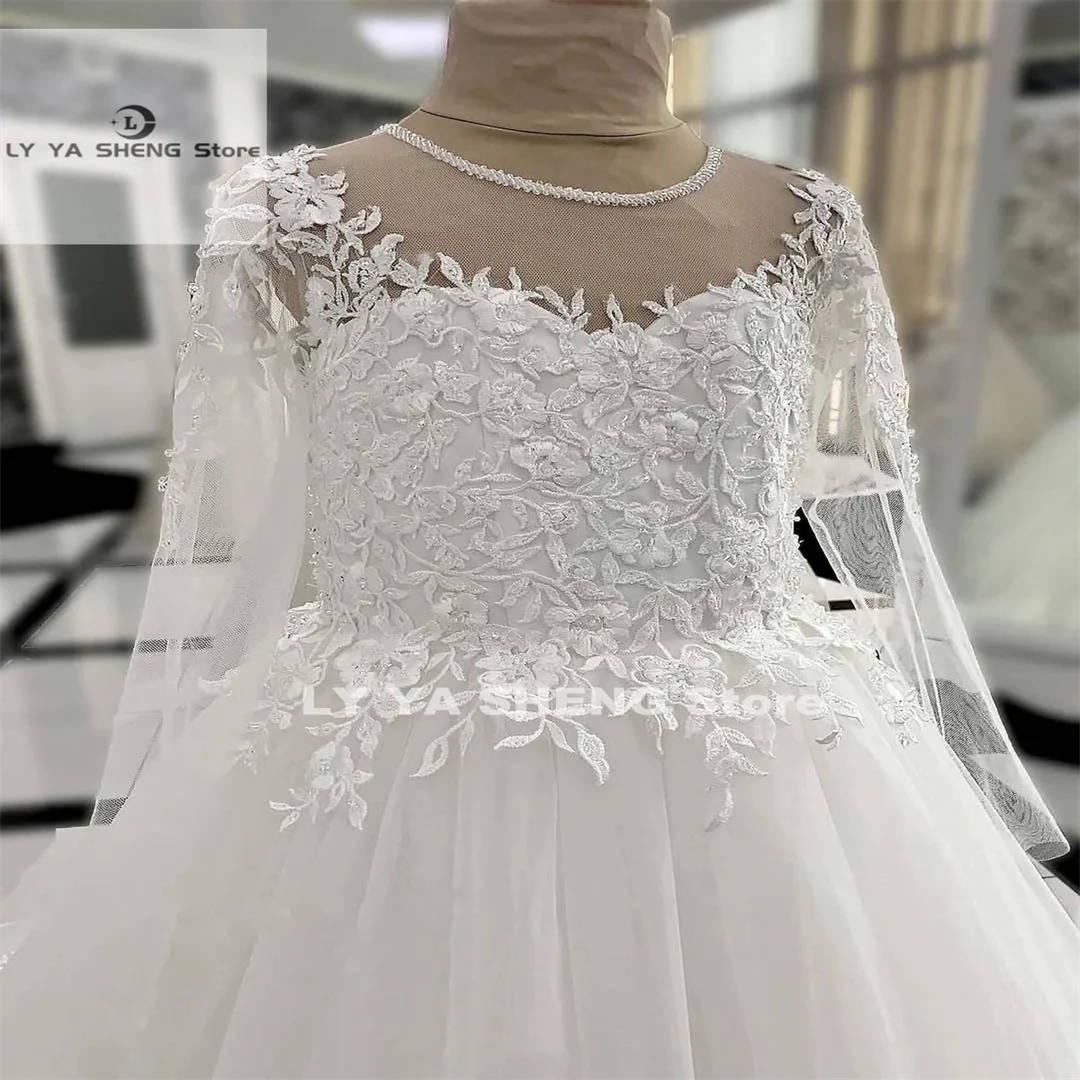 Elegant White Lace Flower Girl Dress for Wedding Tulle Long Sleeve Floor Length Kids First Communion Pageant Birthday Ball Gown